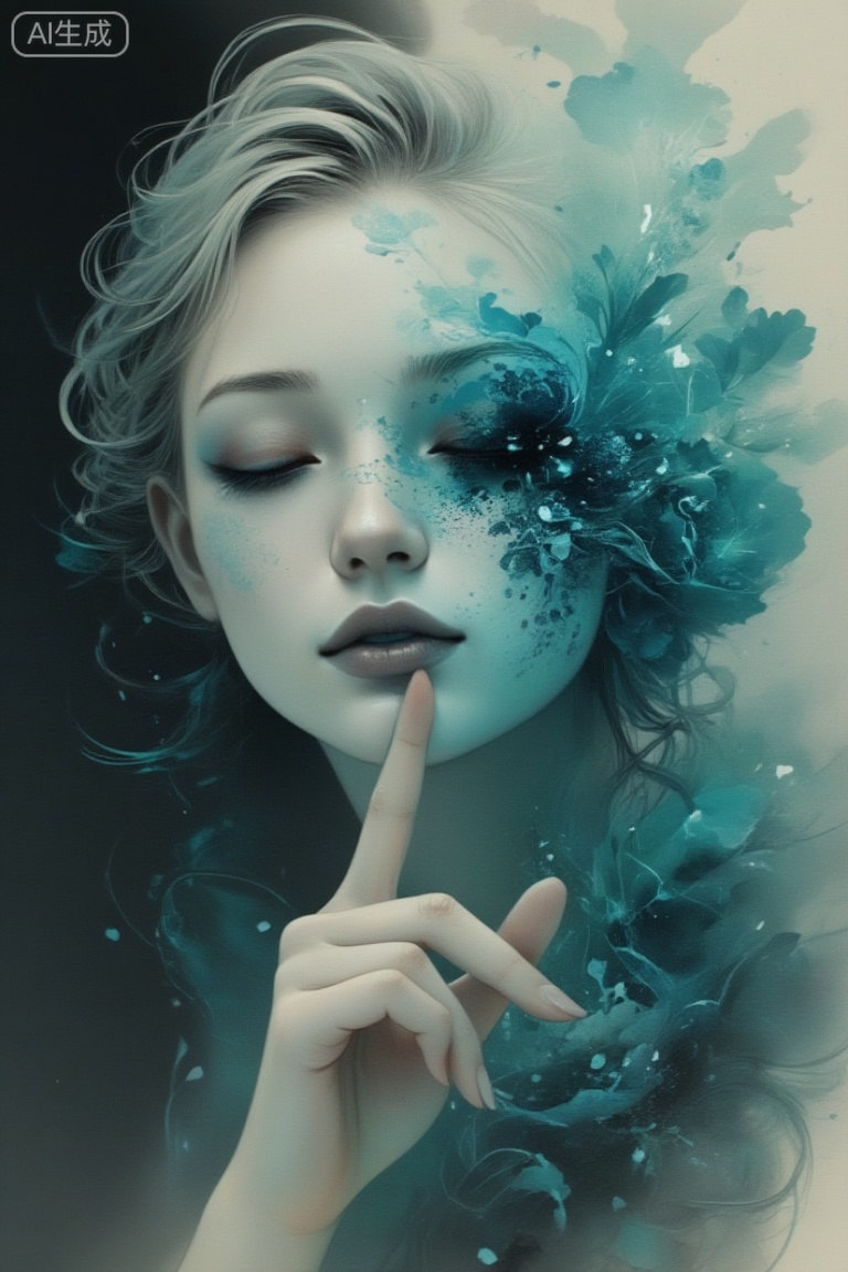 watercolor style,An Acrylic style painting that is expressive, gives it a dynamic and emotional quality. Anime art of a stylized portrait of a woman with a ethereal black and green mist surrounding her body. The mist creates a dramatic and surreal effect. A black flower, that is blooming, covering one eye, attached to the face. The woman has a cold aesthetic, complimented by her white hair. Anime art of woman draped in shadows with a lighting that enhances her unique features. The background is dark green, filled with black rose petals. Holding finger to lips, shush, shushing motion,.,Winslow Homer style