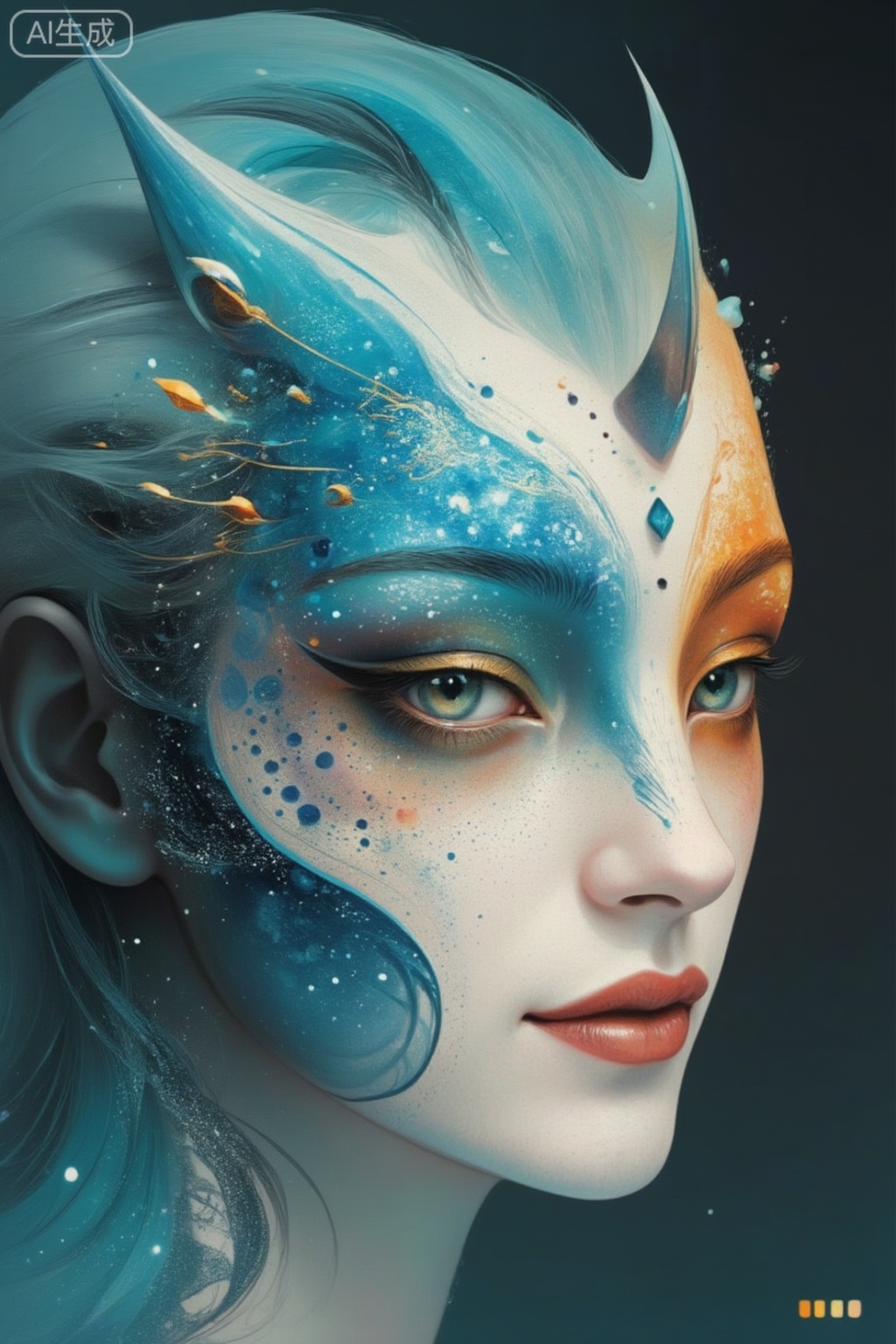 Candle Dragon·Eye of Time
Source of inspiration: The candle dragon that controls the change of day and night
Makeup design:

Eye makeup: two-color gradient iris (melted gold on the left eye represents day, and deep space blue on the right eye represents night), mechanical gear-like lines extending from the end of the eye, and micro LED lights embedded in the center of the pupil, simulating the dynamic effect of a candle dragon with its eyes open for day and closed for night.
Face: An array of luminous runes is drawn on the forehead, and liquid metal paint is used on the cheeks to outline the outline of the mountains, showing the flow of light and shadow as the expression changes.
Accessories: Wearing a rotatable 3D printed dragon horn on the head, the tip of the horn is embedded with a magnetic levitation light ball, echoing the divinity of the candle dragon that "sees it as day, and looks like night in silence".