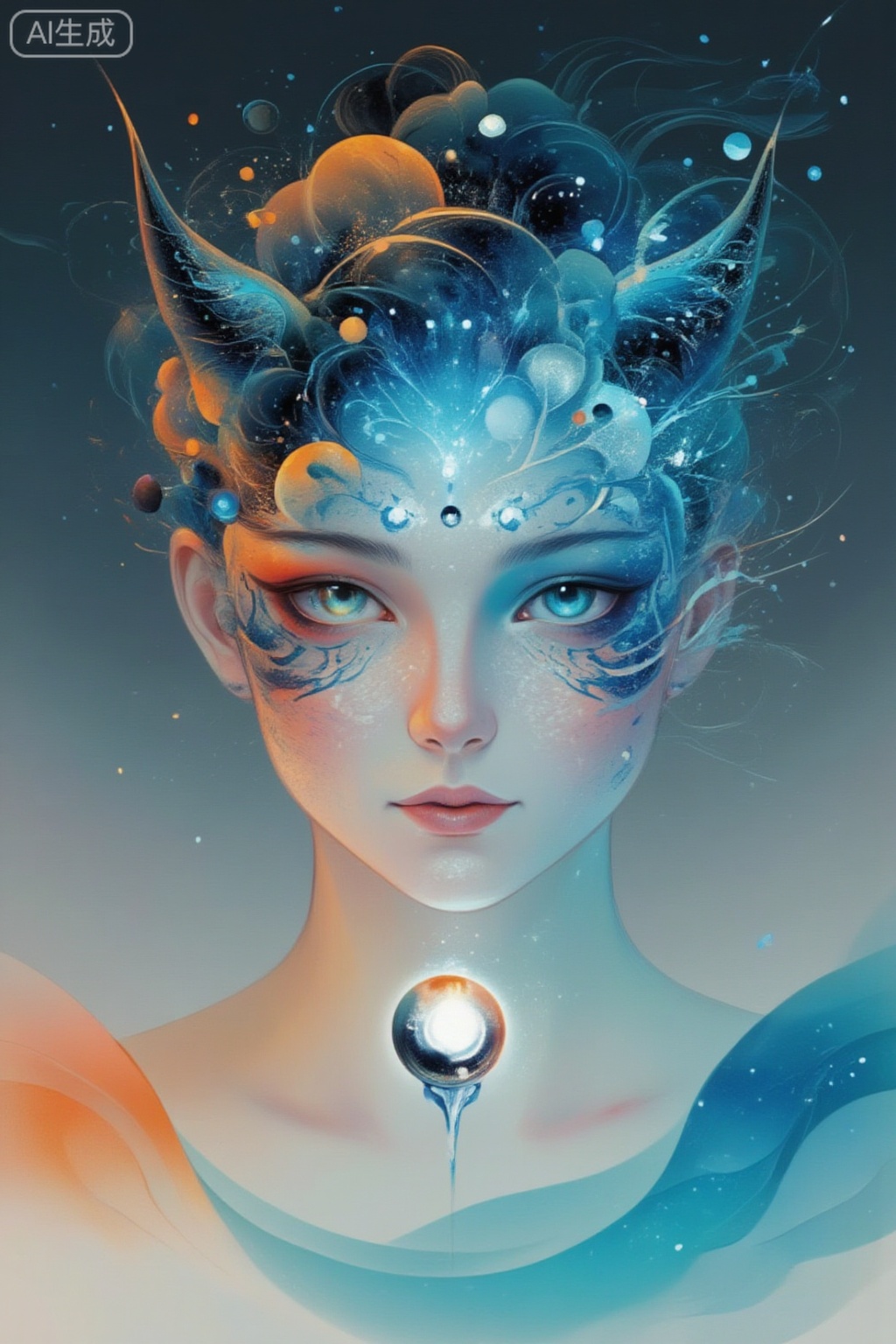 Candle Dragon·Eye of Time
Source of inspiration: The candle dragon that controls the change of day and night
Makeup design:

Eye makeup: two-color gradient iris (melted gold on the left eye represents day, and deep space blue on the right eye represents night), mechanical gear-like lines extending from the end of the eye, and micro LED lights embedded in the center of the pupil, simulating the dynamic effect of a candle dragon with its eyes open for day and closed for night.
Face: An array of luminous runes is drawn on the forehead, and liquid metal paint is used on the cheeks to outline the outline of the mountains, showing the flow of light and shadow as the expression changes.
Accessories: Wearing a rotatable 3D printed dragon horn on the head, the tip of the horn is embedded with a magnetic levitation light ball, echoing the divinity of the candle dragon that "sees it as day, and looks like night in silence".