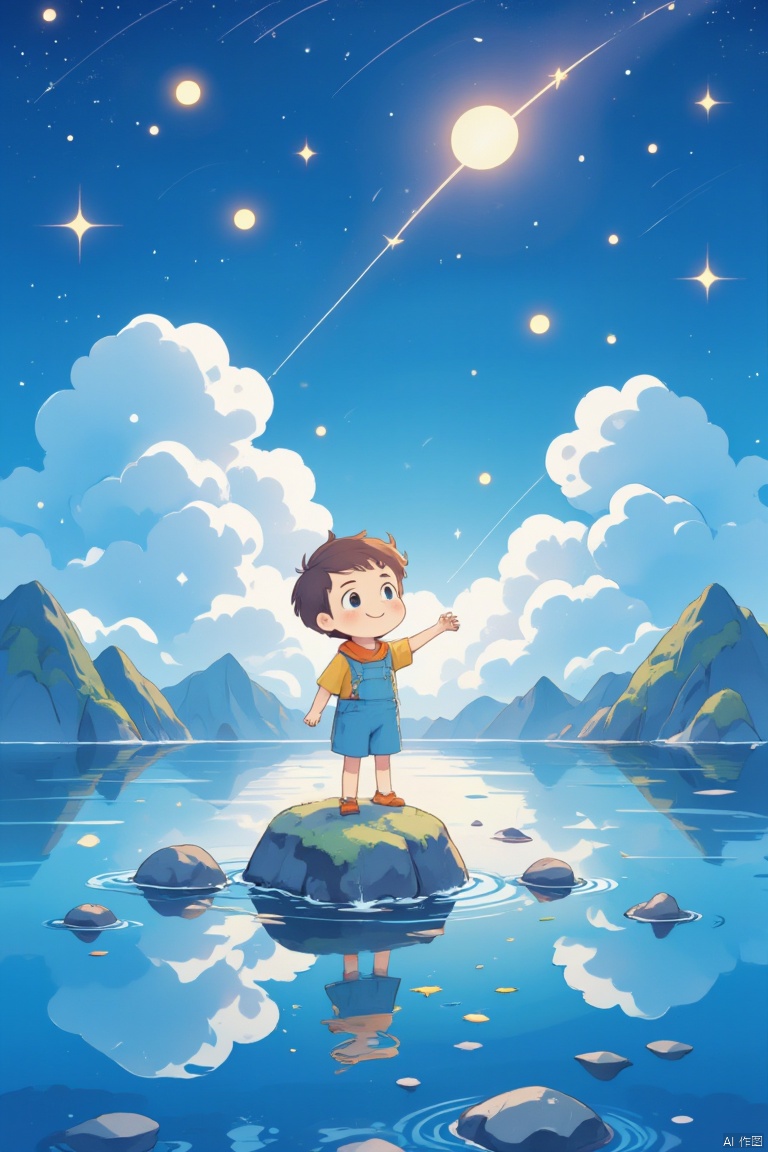 Photography Award Winning Entry,There is a rock in the middle of the sea,a boy stands on the rock in the middle of the sea and reaches out to pick the stars in the sky. ocean reflection,dawn blue,blue waves,happiness,dream fairy tale,fantasy,bright background,reflection,colourful,starry sky,8K,