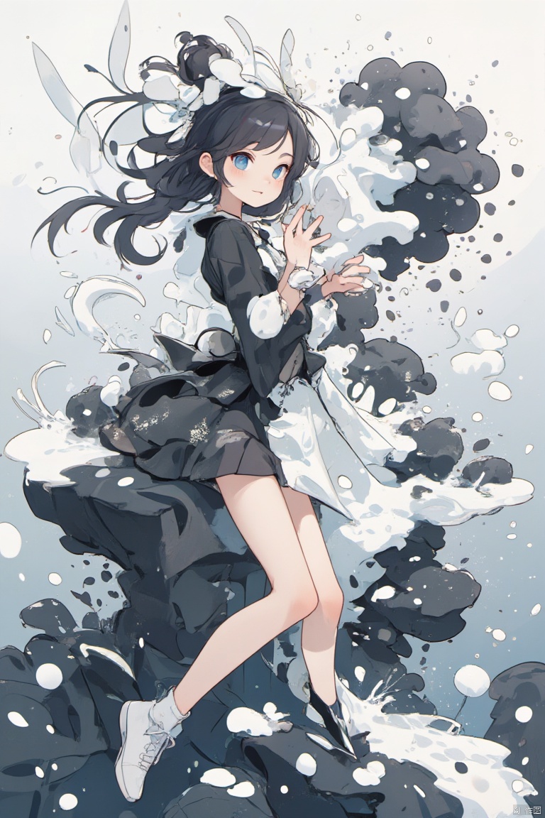 Fantasy Chinese style illustration,The girl in 'Fluid Fragments',morphing seamlessly between an array of abstract white and black compositions,each transformation transcending traditional definition and expectation,,,yinghuo