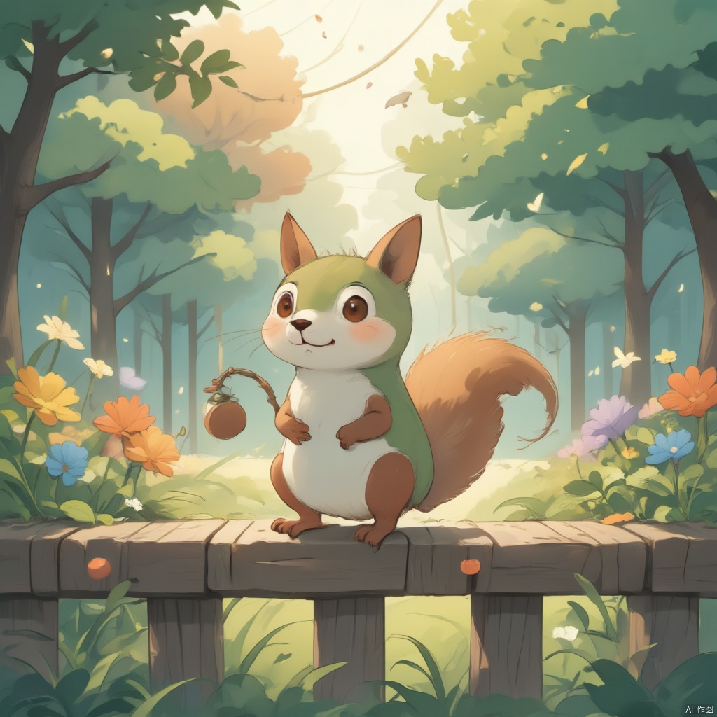 A whimsical portrait of a cute squirrel perched on a rustic wooden fence, surrounded by lush greenery and vibrant wildflowers. The fluffy rodent's bright brown eyes sparkle with curiosity as it gazes directly at the viewer. Its tiny paws hold a delicate acorn, and its bushy tail twitches playfully. Soft morning light casts a warm glow over the scene, with gentle shadows accentuating the texture of the wooden fence., yinghuo