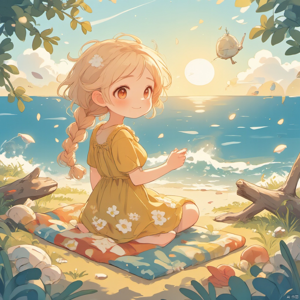 A bright-eyed young woman with a warm smile and curly blonde hair, sitting on a colorful beach towel surrounded by seashells and driftwood. She's wearing a yellow sundress with white flowers and has her knees crossed, looking out at the ocean as the sun sets behind her, casting a warm glow over the scene., yinghuo