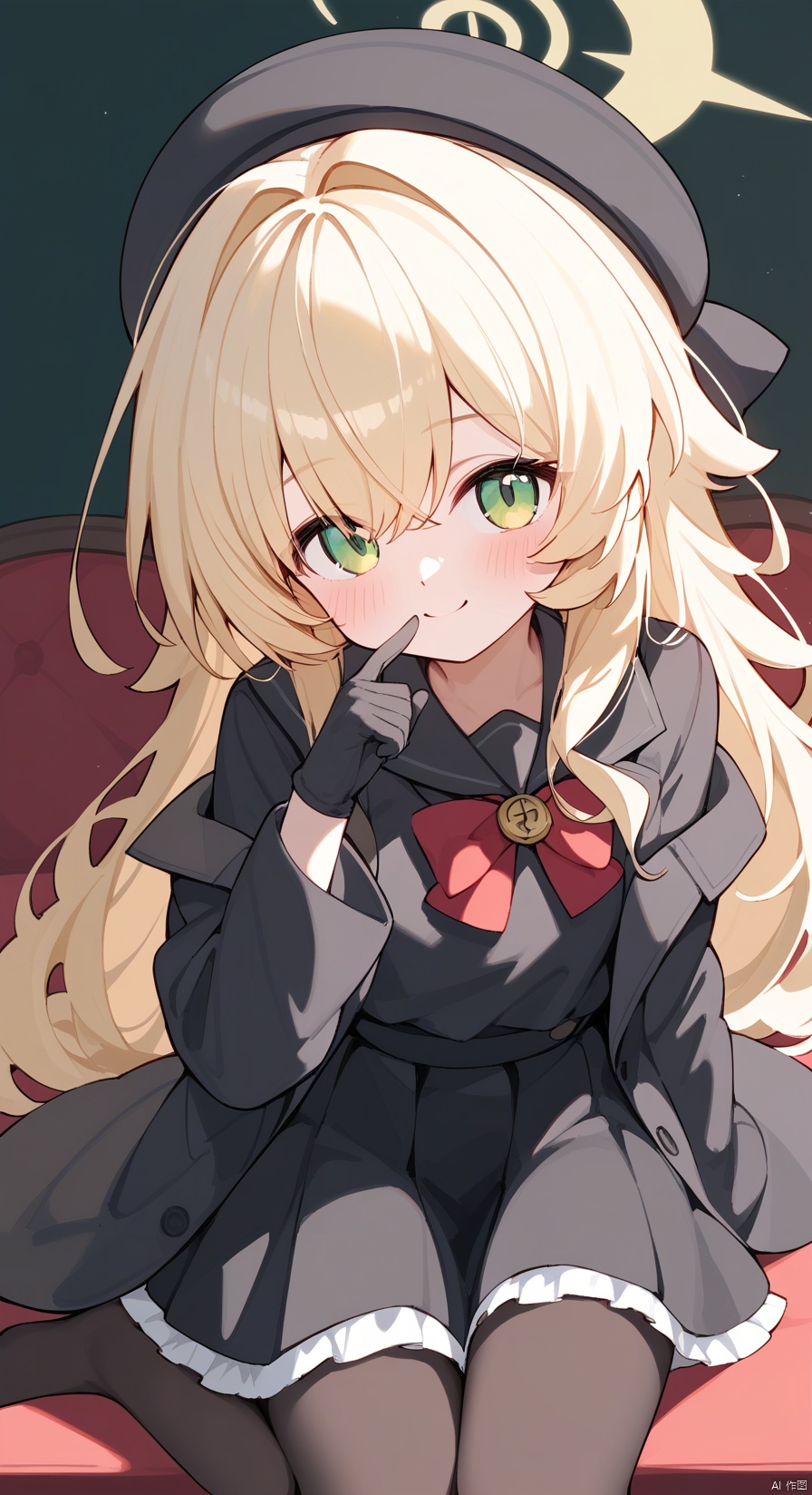   (score_9,score_8_up,score_7_up),1girl,(masterpiece:1.3),( beautiful:1.2),(high quality:1.2),(finely detailed:1.2),extremely detailed CG unity 8k wallpaper,best quality,a very delicate and beautiful,perfect fingers,(one cute girl at the center:1.2),
1girl, solo, long hair, looking at viewer, blush, smile, bangs, skirt, blonde hair, shirt, gloves, long sleeves, hat, bow, hair between eyes, school uniform, green eyes, jacket, pantyhose, pleated skirt, open clothes, serafuku, black gloves, bowtie, black skirt, sailor collar, off shoulder, red bow, black jacket, black pantyhose, black shirt, black headwear, beret, halo, thighband pantyhose,niyaBA,white backgroud
