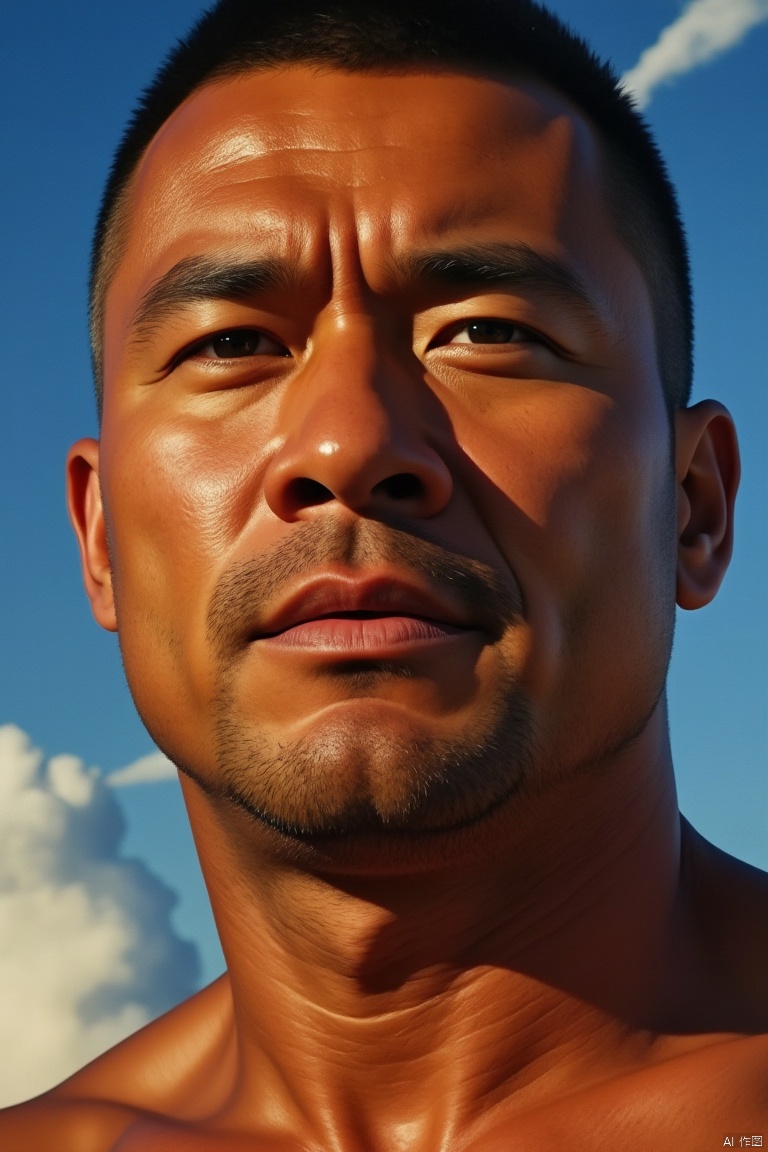 1man,
The man's sharp gaze was set off by a close-up shot of his rugged face, illuminated by the golden glow of the setting sun. His nervous expression conveyed his contemplative nature. The deep blue sky and slender clouds create a dramatic backdrop for this action packed portrait painting.