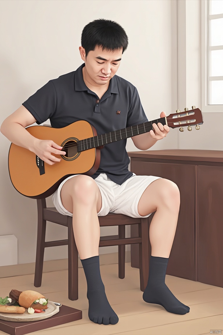 1man,
A man with black hair and big eyes sat indoors. He was wearing a black shirt, white shorts, and black socks. He was holding a guitar and playing an instrument. There is food nearby too. He was in solo mode, playing music.