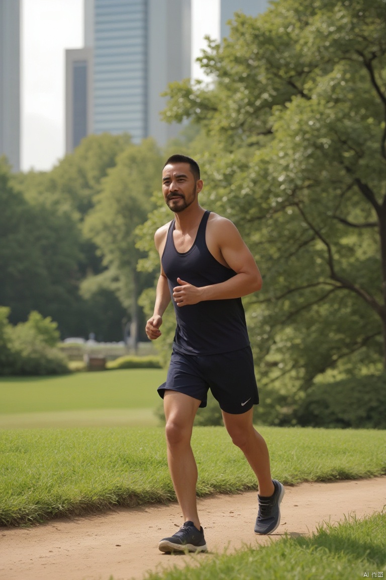 1man,A man is running in a park in the city,singlet