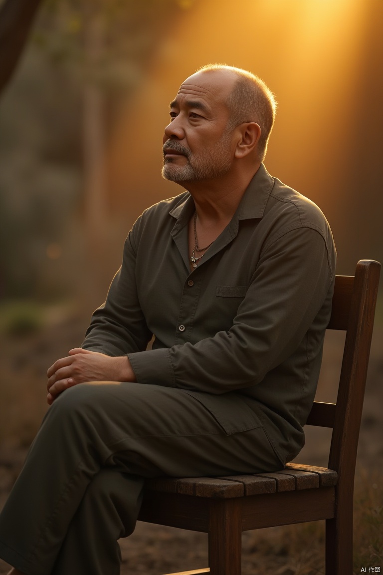 1man,
A man sat on an old wooden stool, staring into the distance as if lost in thought. A soft golden light fell from above, casting a warm glow on his weathered face. The camera captured him from below, emphasizing his majesty.