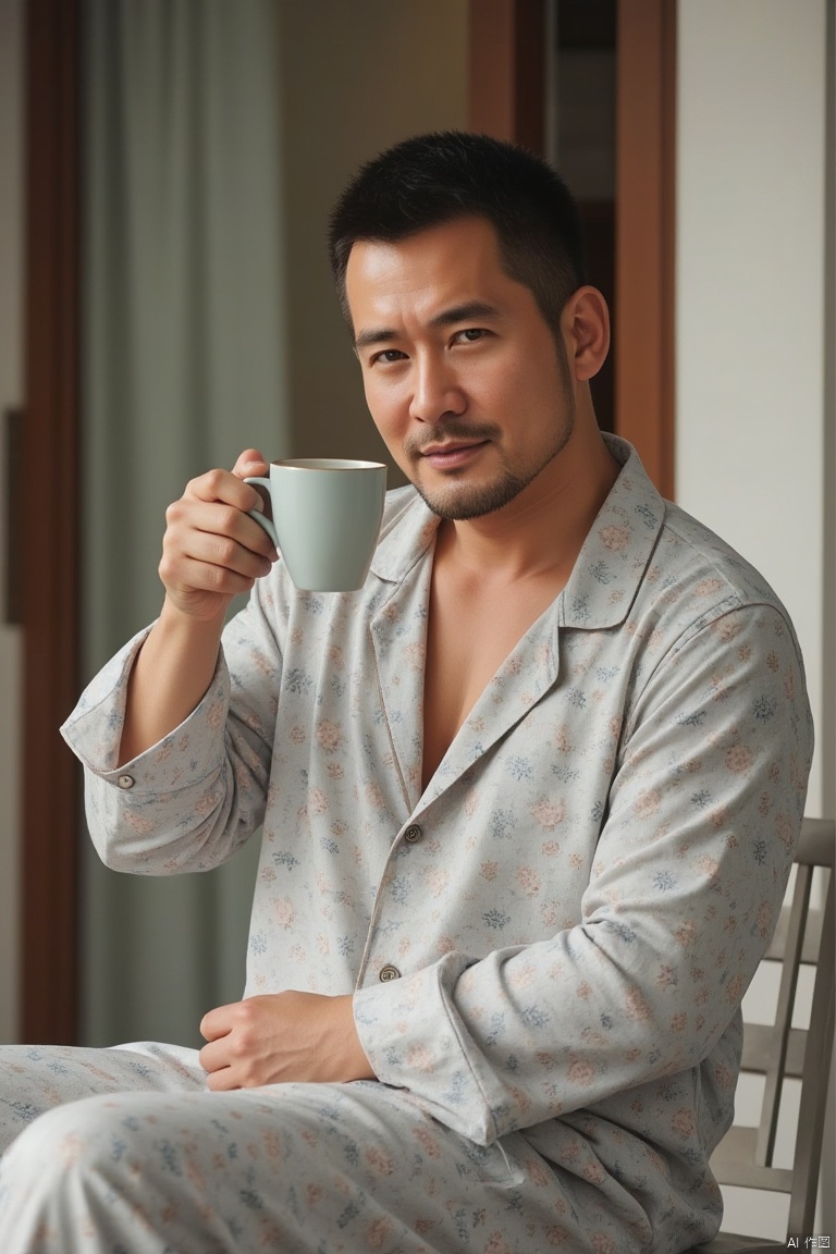 1man,
A man wearing pajamas, sipping tea on the balcony, portrait focus