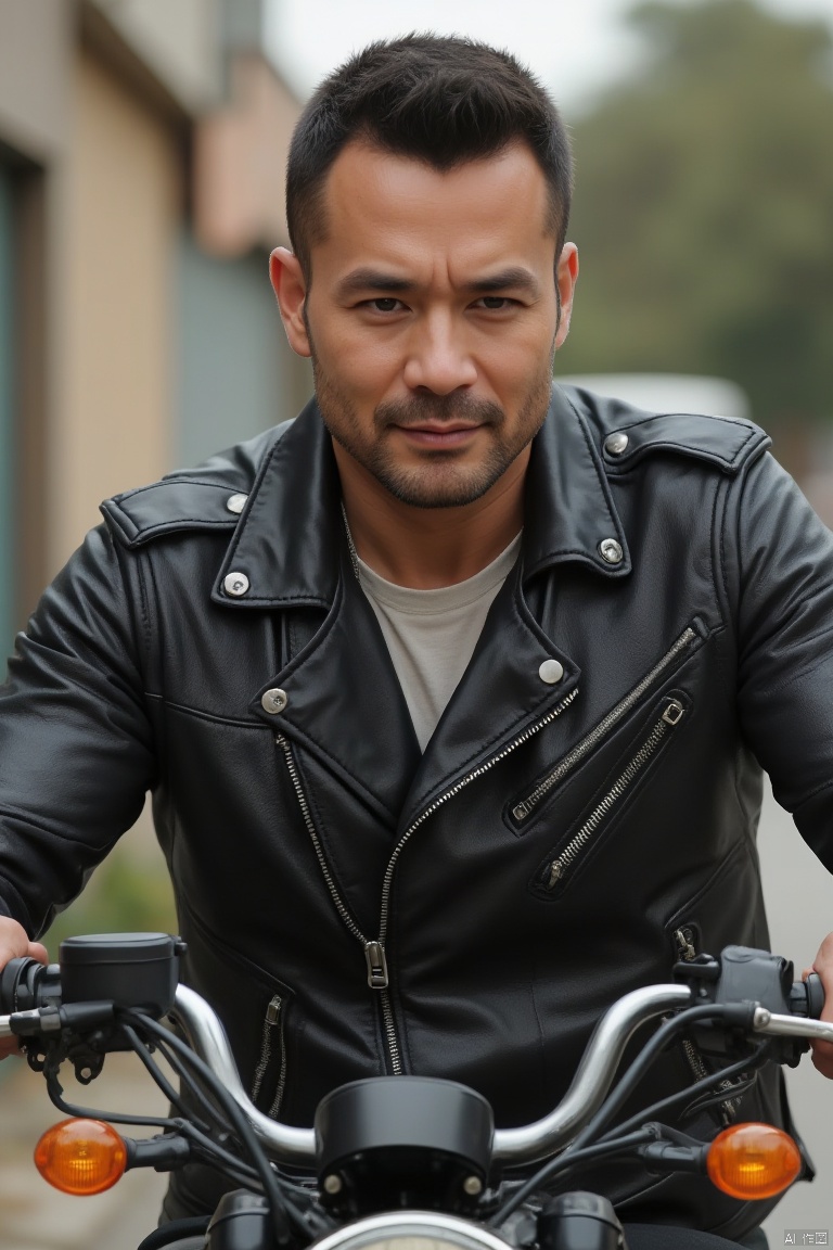 1man,
A young man wearing a leather jacket and riding a motorcycle is extremely cool