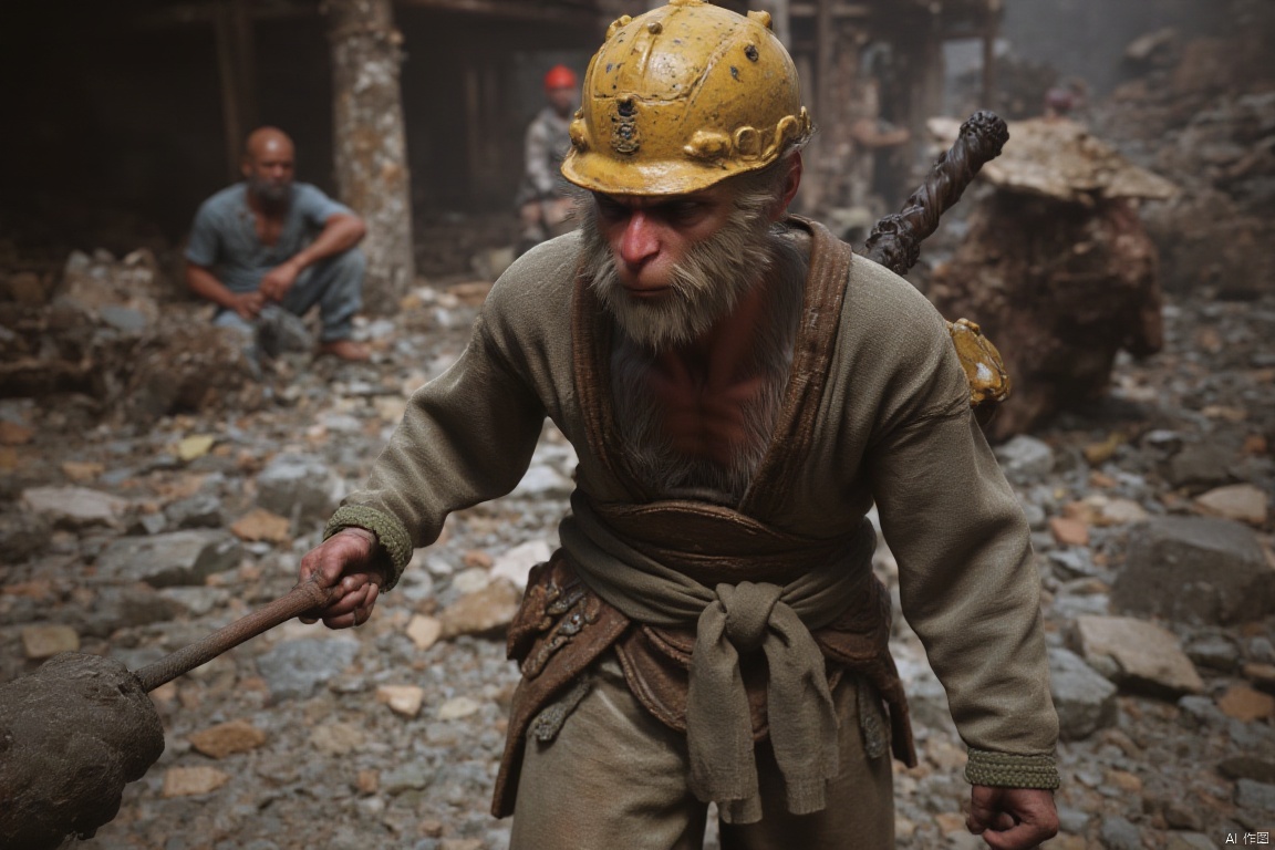 wukong_yanshangyue, he is wearing the clothes of a migrant worker and a yellow safety helmet, moving cement at the construction site