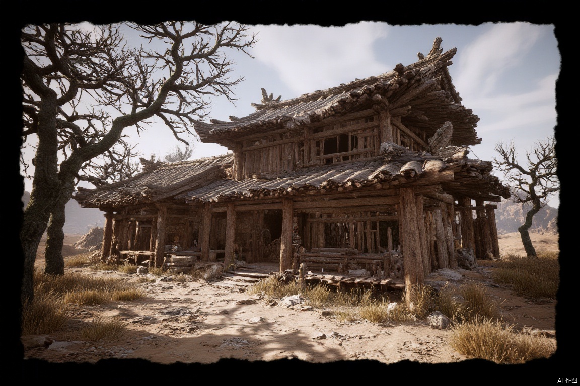 wukong_yanshangyue, the image shows an old wooden house in the middle of a desert, surrounded by trees and plants. the sky is visible in the background, and the image is framed with black borders at the top and bottom.