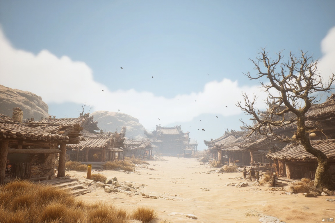 wukong_yanshangyue, the image shows an animated scene of a village in the middle of a desert, with a few buildings on the left and right side of the image, a tree on the right side, and a few birds flying in the air. the sky is visible at the top of the picture, giving the impression of a peaceful and serene atmosphere.