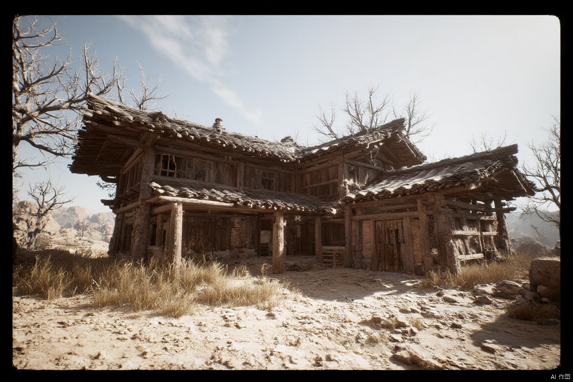 wukong_yanshangyue, the image shows an old wooden house in the middle of a desert, surrounded by trees and plants. the sky is visible in the background, and the image is framed with black borders at the top and bottom.