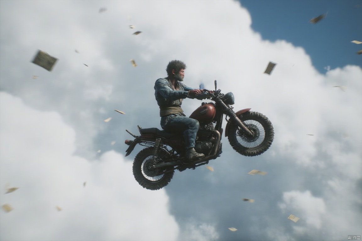 wukong_yanshangyue, Sun Wukong, as a postman, rides a flying motorcycle, shuttles among the clouds, and delivers letters.