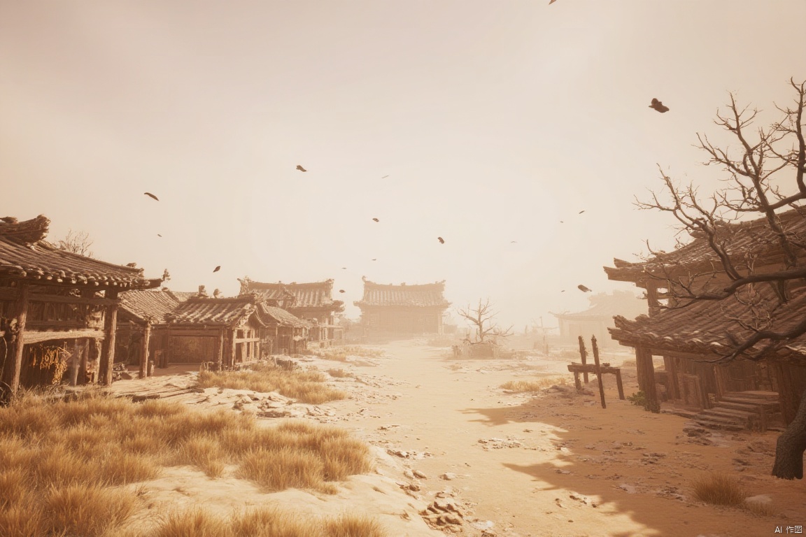 wukong_yanshangyue, the image shows an animated scene of a village in the middle of a desert, with a few buildings on the left and right side of the image, a tree on the right side, and a few birds flying in the air. the sky is visible at the top of the picture, giving the impression of a peaceful and serene atmosphere.