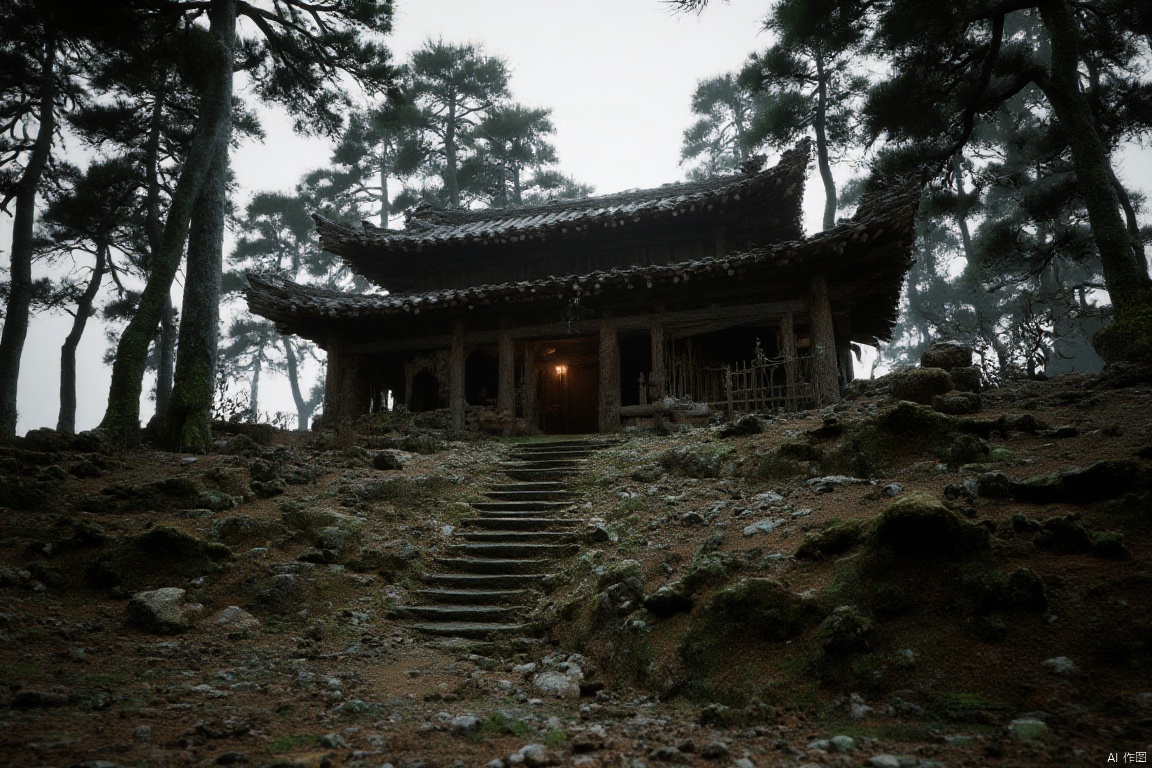wukong_yanshangyue, the image shows an old building in the middle of a forest, surrounded by trees and rocks. the sky is visible in the background, and there are stairs leading up to the building.