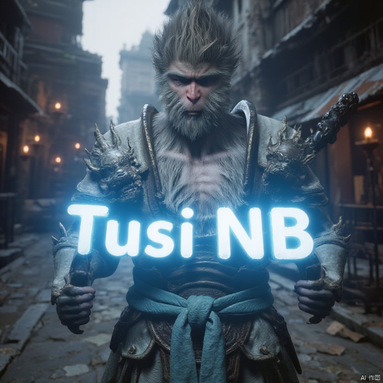 wukong_yanshangyue, A bearded man in white armor, looks into the camera, and stands in the middle of a cyberpunk city, holding a blue neon glowing sign that says "Tusi NB"