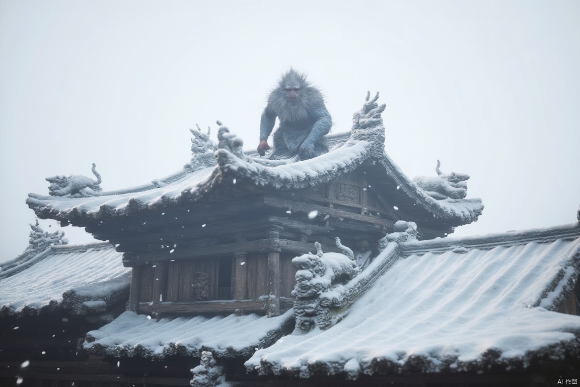 wukong_yanshangyue, the image shows a Meh-Teh standing atop a building covered in snow, with a few sculptures on the roof and a few trees in the background. the sky is visible at the top of the image.
