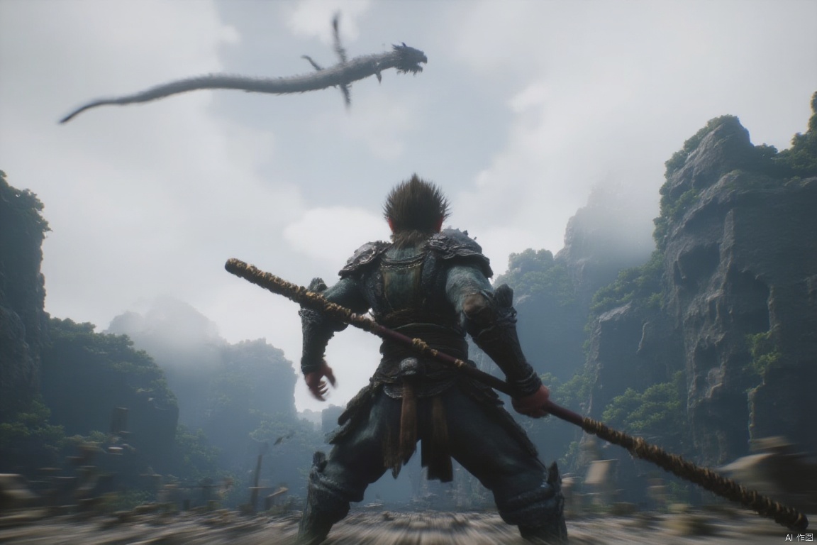 wukong_yanshangyue, wukong fights the White Dragon with the golden cudgel in his hand, standing in front of a backdrop of mountains and trees. the image is animated, giving it a dynamic feel.