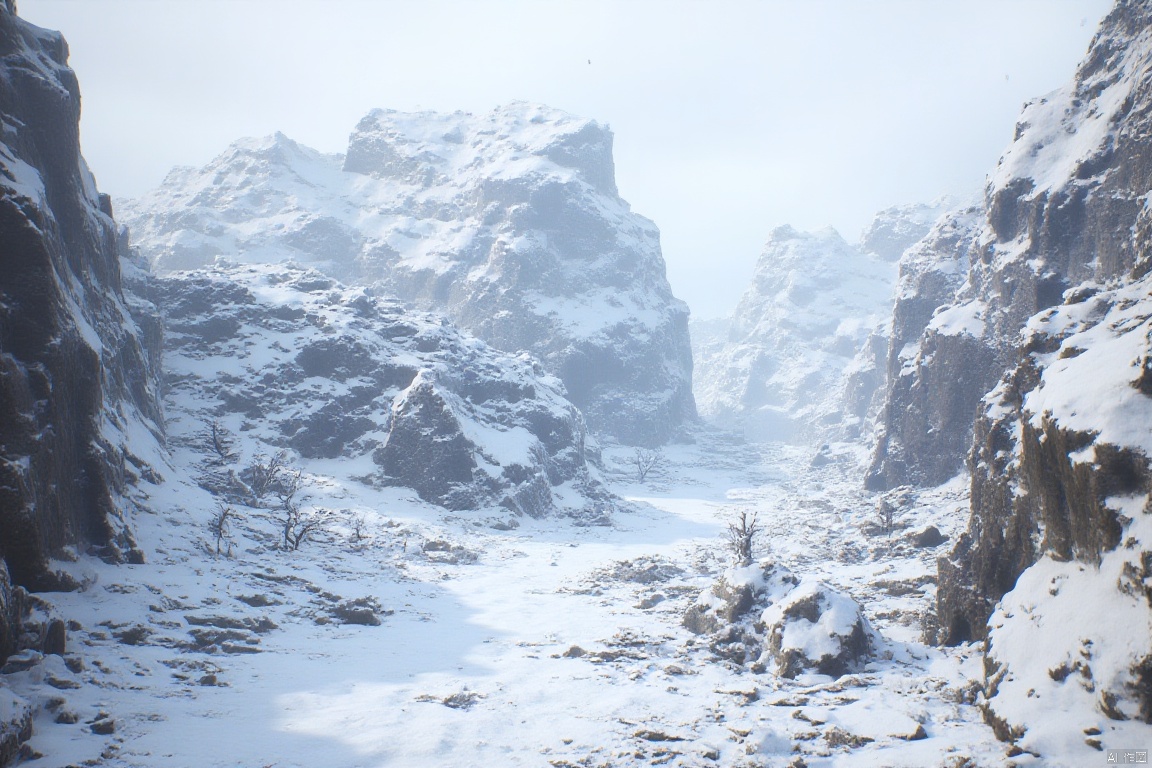 wukong_yanshangyue, the image shows a snow-covered mountain with a path winding through it, surrounded by rocks and trees. the sky in the background is filled with clouds, creating a picturesque winter scene.
