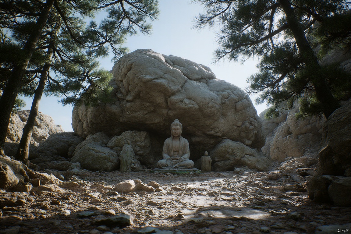wukong_yanshangyue, the image shows a large rock formation in the middle of a forest, surrounded by trees and a clear blue sky. in the center of the image, there is a statue, adding to the beauty of the scene.