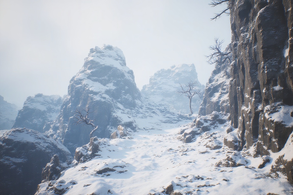wukong_yanshangyue, the image shows a snow-covered mountain with a path winding through it, surrounded by rocks and trees. the sky in the background is filled with clouds, creating a picturesque winter scene.
