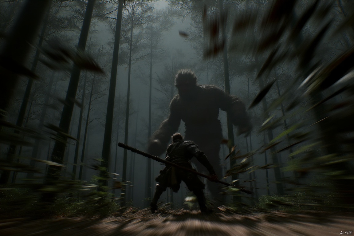 wukong_yanshangyue, wukong_yanshangyue, the image shows two people standing in a forest, wukong fights the stone monster with the staff in his hand