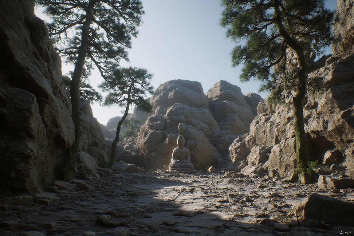 wukong_yanshangyue, the image shows a large rock formation in the middle of a forest, surrounded by trees and a clear blue sky. in the center of the image, there is a statue, adding to the beauty of the scene.