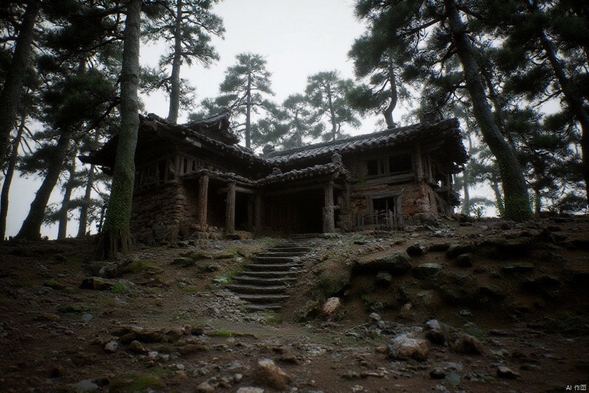 wukong_yanshangyue, the image shows an old building in the middle of a forest, surrounded by trees and rocks. the sky is visible in the background, and there are stairs leading up to the building.