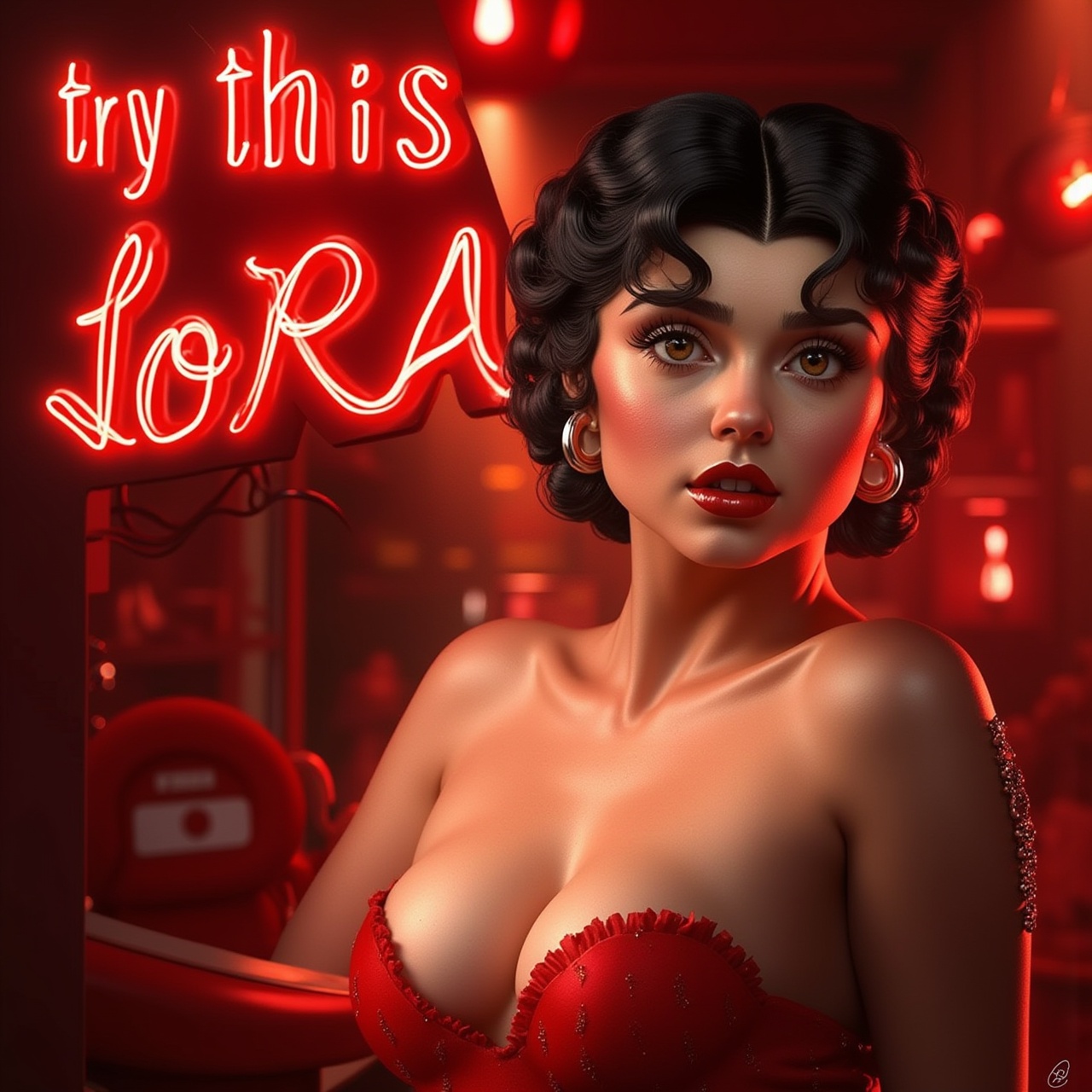 Portrait of Beautiful woman, 1girl, Above it there is a neon sign that says "try this LoRA", betty boop style, 