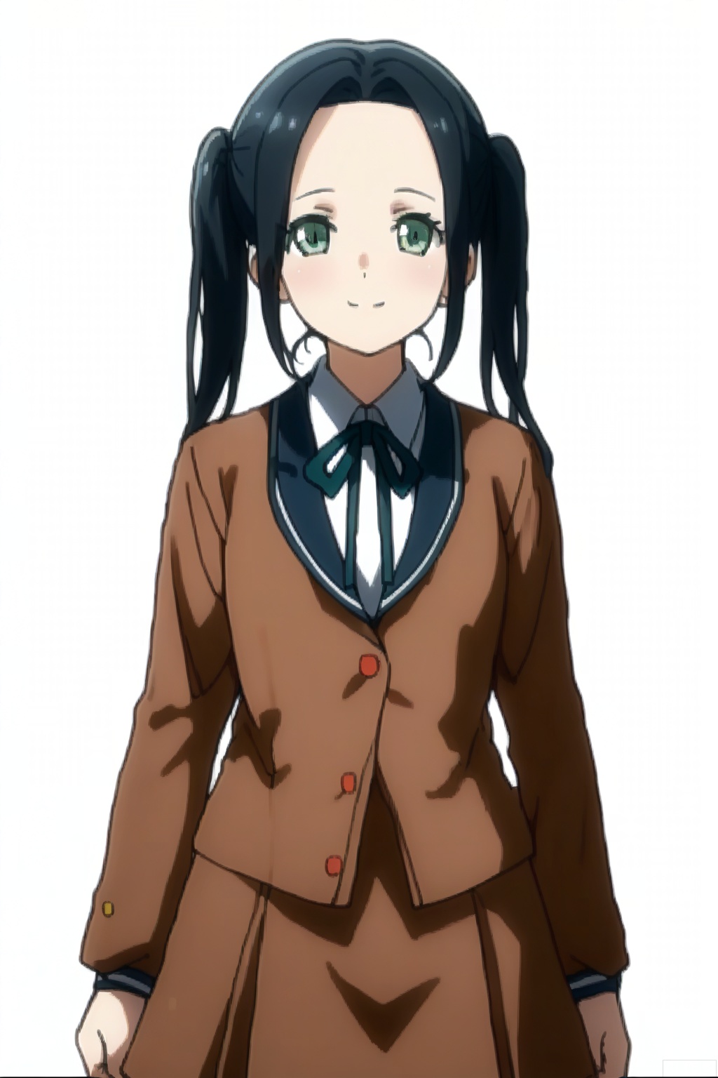 masterpiece, best quality,solo,((white background:1.2)),simple background,
looking at viewer,Kawabata Mayu,blush,smile,black hair,twintails,green eyes,school uniform, serafuku, double-breasted, brown dress, hanasakigawa school uniform,forehead