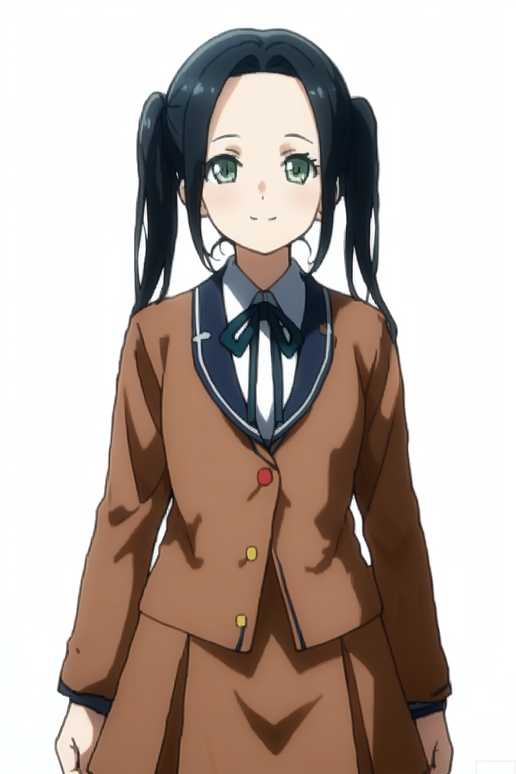 masterpiece, best quality,solo,((white background:1.2)),simple background,
looking at viewer,Kawabata Mayu,blush,smile,black hair,twintails,green eyes,school uniform, serafuku, double-breasted, brown dress, hanasakigawa school uniform,forehead