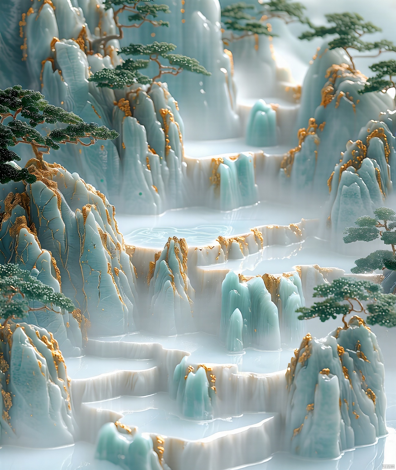 jade carving,Captured from a high-angle perspective,a detailed detailed view of a waterfall is depicted. The waterfall is made up of a variety of rocks,each with a unique texture and design. The rocks are covered in a layer of water,creating a stark contrast with the waterfall. The water is a light blue,with a reflection of the rocks in the water,adding a touch of nature to the scene. The scene is entirely entirely entirely blurred,with the rocks and trees in the foreground and the background in the background.

