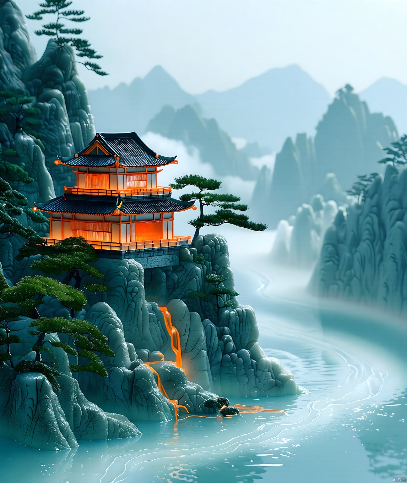 jade carving,Captured from a low-angle perspective,a Japanese temple stands on a cliff overlooking a body of water. The temple's roof is adorned with a black roof,and the walls are adorned with orange lanterns. The roof is made of wood
adding a touch of color to the scene. The water is flowing through the temple
creating a peaceful and serene atmosphere. In the background,a mountain range can be seen,adding depth to the composition.

