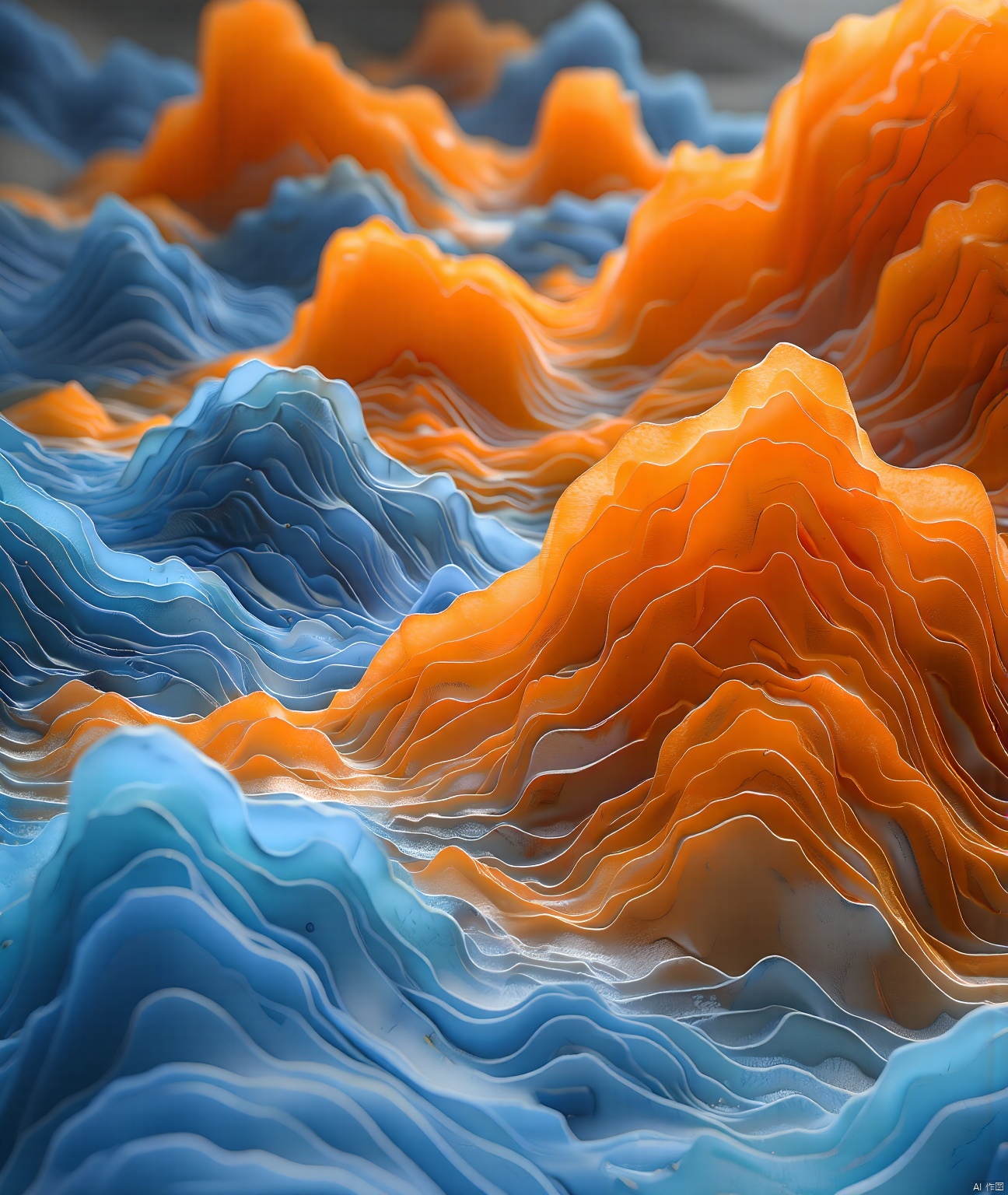 jade carving,Captured from a high-angle perspective,a close-up shot captures a unique array of orange and blue swirls in a body of water. The swirls are arranged,in a way that creates a wave-like pattern,adding depth and texture to the scene. The background is blurred,creating a stark contrast to the vibrant colors of the swirls,adding a pop of color to the otherwise monochromatic composition.
