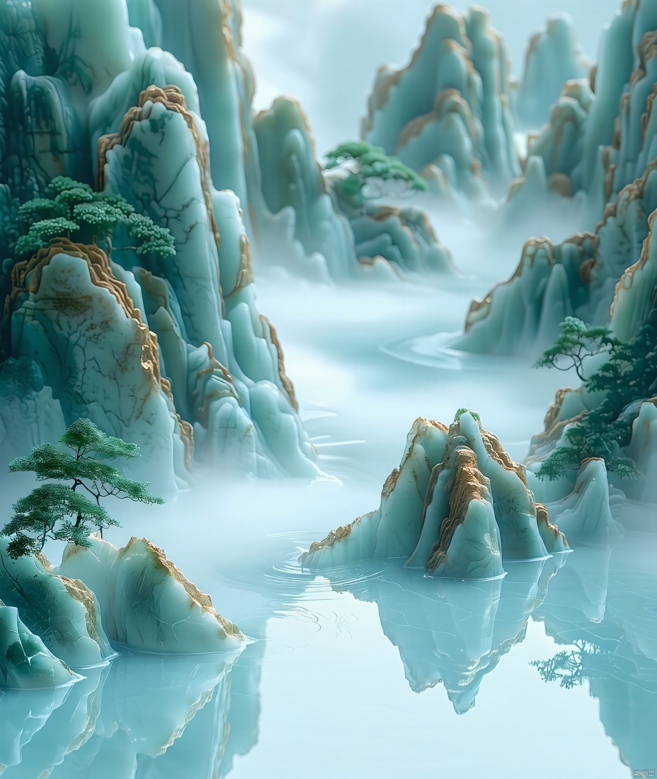 jade carving,Captured from a high-angle perspective,a detailed detailed view of a waterfall is depicted. The waterfall is made up of a variety of rocks,each with a unique texture and design. The rocks are covered in a layer of water,creating a stark contrast with the waterfall. The water is a light blue,with a reflection of the rocks in the water,adding a touch of nature to the scene. The scene is entirely entirely entirely blurred,with the rocks and trees in the foreground and the background in the background.

