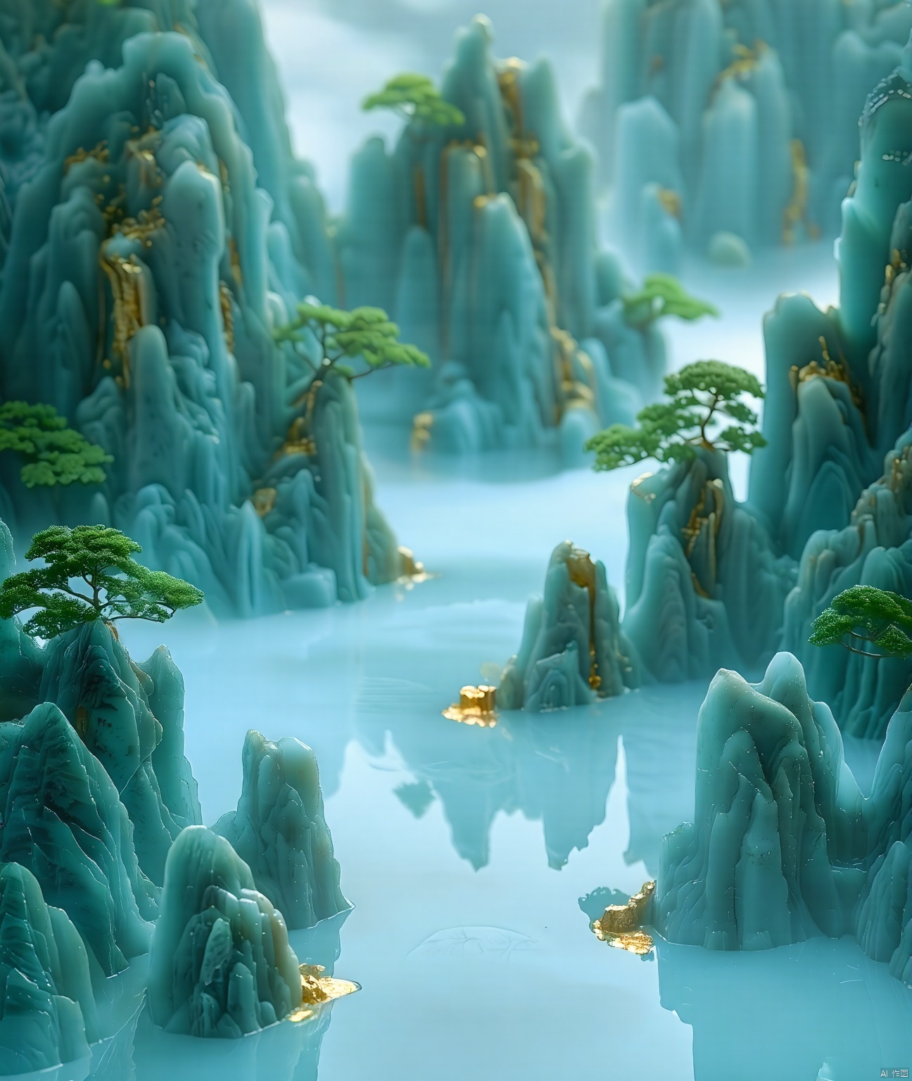 jade carving,Captured from a high-angle perspective,a detailed detailed view of a waterfall is depicted. The waterfall is made up of a variety of rocks,each with a unique texture and design. The rocks are covered in a layer of water,creating a stark contrast with the waterfall. The water is a light blue,with a reflection of the rocks in the water,adding a touch of nature to the scene. The scene is entirely entirely entirely blurred,with the rocks and trees in the foreground and the background in the background.

