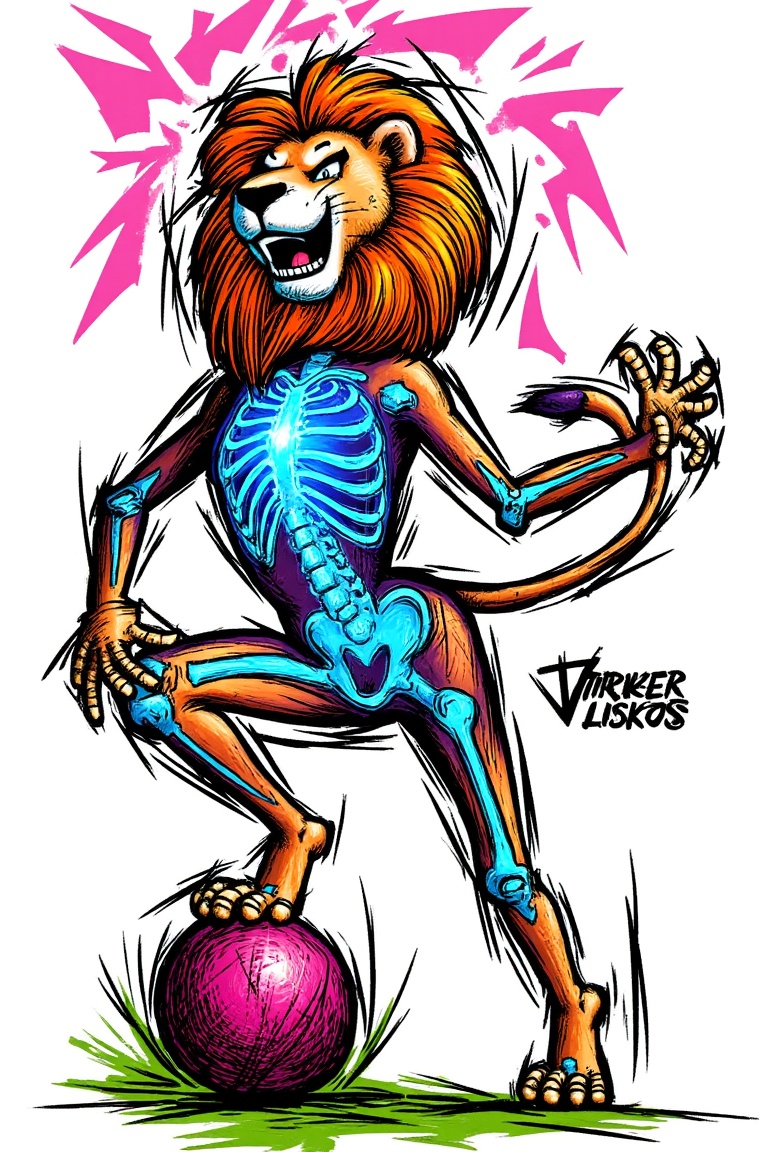 Lion's striking pose: a majestic feline,  skeleton evident through transparent skin,  kicks a vibrant red ball forward. X-...