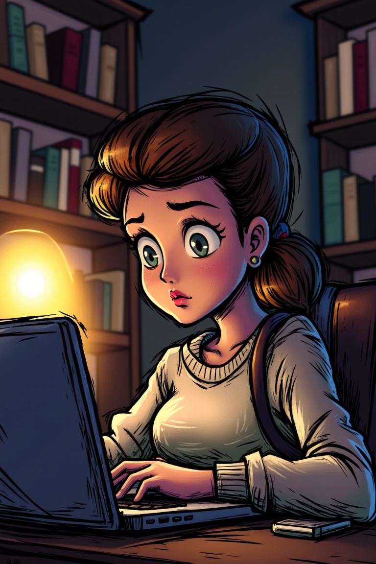 A close-up shot of a woman sitting in a cozy home office,  surrounded by books and soft lighting. She's focused intently o...