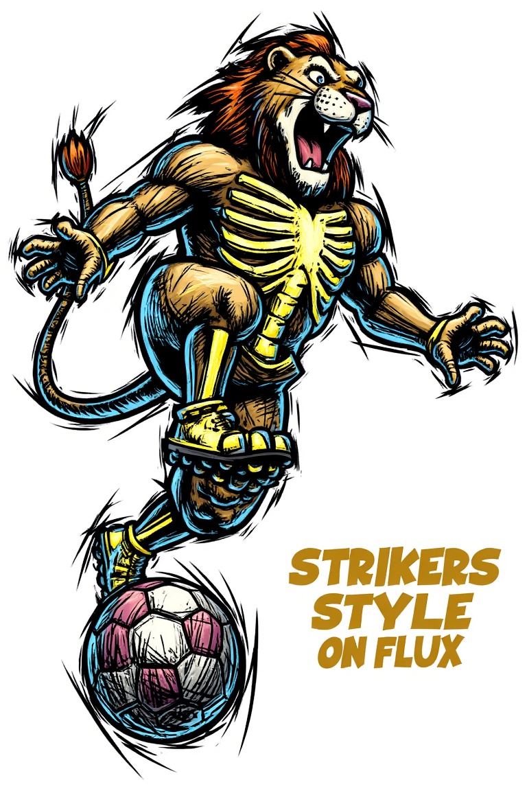 Lion's mighty roar echoes as he strikes a pose,  kicking a ball with fierce intensity. His full body portrait showcases hi...