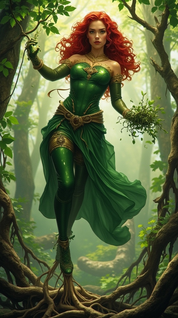 A woman,  with the power of nature,  she is able to control tree roots on Tensor.Art