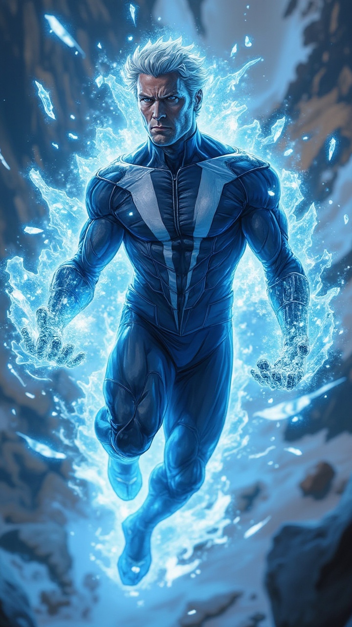 Handsome man with ice power,  floating in the air marvel comic style on Tensor.Art