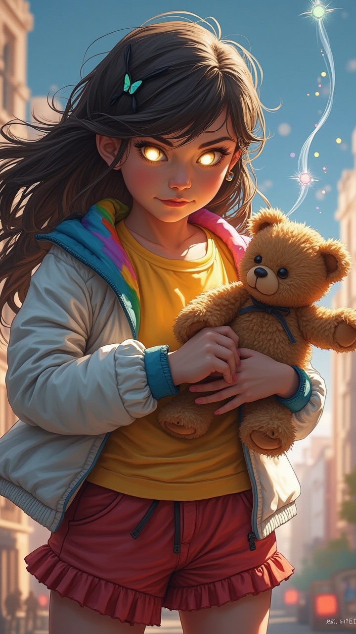 A girl holding a teddy bear,  her eyes glow and she is able to make the dolls come to life,  the teddy bear floats and the...