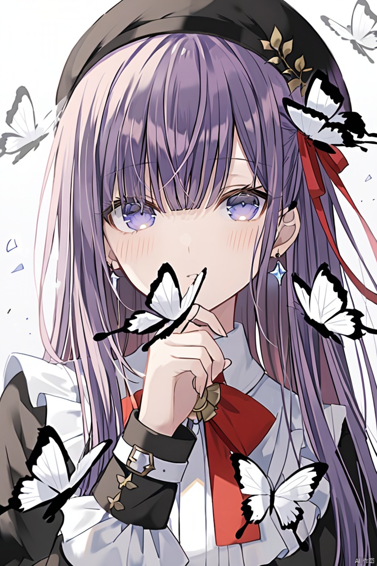 1girl,bangs,blue_butterfly, bug, butterfly,flower_on_hand, covering_mouth, dragonfly, earrings, eyebrows_visible_through_hair, glowing_butterfly, hair_ribbon, jewelry, long_hair, looking_at_viewer, matou_sakur, purple_eyes, purple_hair, red_ribbon, ribbon, solo, white_butterfly