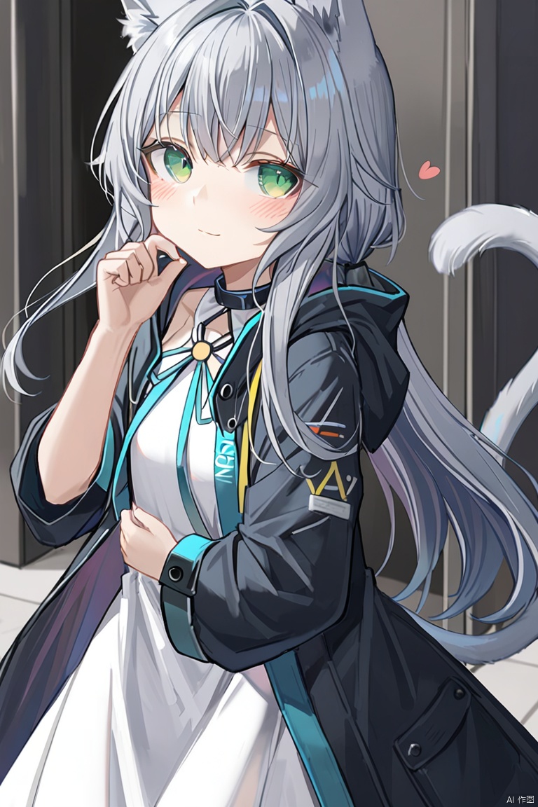 1girl, long hair, blush, smile, bangs, dress, animal ears, closed mouth, green eyes, jacket, tail, grey hair, heart, solo focus, cat ears, white dress, coat, cat tail, animal ear fluff, cat girl,heart tail, rosmontis \(arknights\)