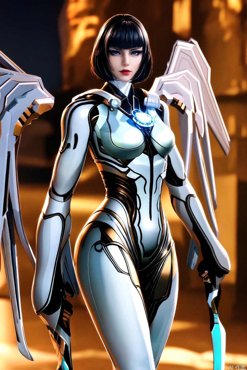 masterpiece,bestquaily,3D,3D Realism,3D Render,4K,8K  wallpaper,HDR,Movie-level lighting, high-precision rendering,glossy skin,glossy bodu,,,,1gilr,Armor,1girl, solo, breasts, looking at viewer, short hair, bangs, blue eyes, large breasts, black hair, holding, medium breasts, standing, weapon, cowboy shot, parted lips, wings, shiny, sword, blunt bangs, holding weapon, lips, bodysuit, night, glowing, holding sword, bob cut, building, skin tight, science fiction, red lips, blue bodysuit, mechanical wings,jiqing,photorealistic