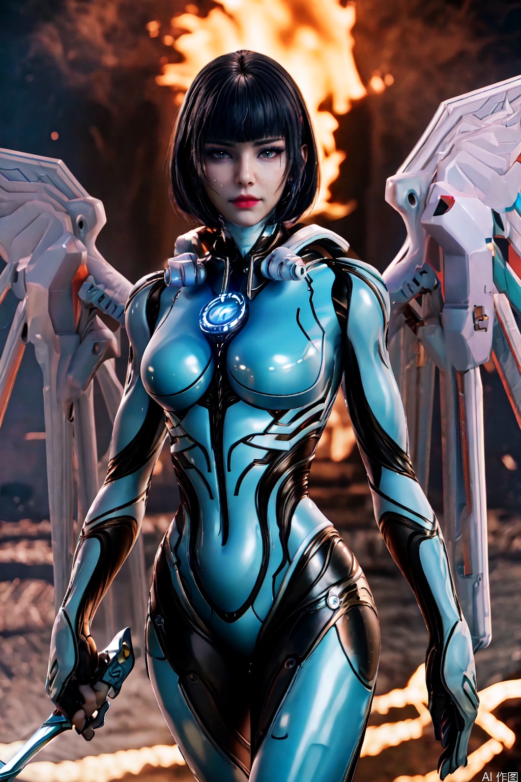 masterpiece,bestquaily,3D,3D Realism,3D Render,4K,8K  wallpaper,HDR,Movie-level lighting, high-precision rendering,glossy skin,glossy bodu,,,,1gilr,Armor,1girl, solo, breasts, looking at viewer, short hair, bangs, blue eyes, large breasts, black hair, holding, medium breasts, standing, weapon, cowboy shot, parted lips, wings, shiny, sword, blunt bangs, holding weapon, lips, bodysuit, night, glowing, holding sword, bob cut, building, skin tight, science fiction, red lips, blue bodysuit, mechanical wings,jiqing,photorealistic