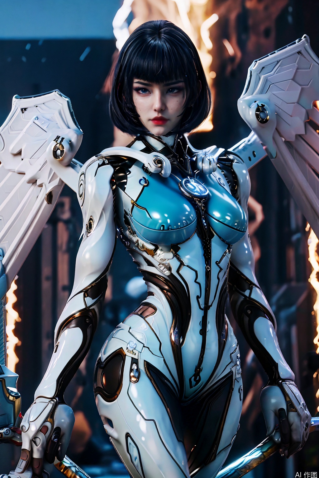 masterpiece,bestquaily,3D,3D Realism,3D Render,4K,8K  wallpaper,HDR,Movie-level lighting, high-precision rendering,glossy skin,glossy bodu,,,,1gilr,Armor,1girl, solo, breasts, looking at viewer, short hair, bangs, blue eyes, large breasts, black hair, holding, medium breasts, standing, weapon, cowboy shot, parted lips, wings, shiny, sword, blunt bangs, holding weapon, lips, bodysuit, night, glowing, holding sword, bob cut, building, skin tight, science fiction, red lips, blue bodysuit, mechanical wings,jiqing,photorealistic