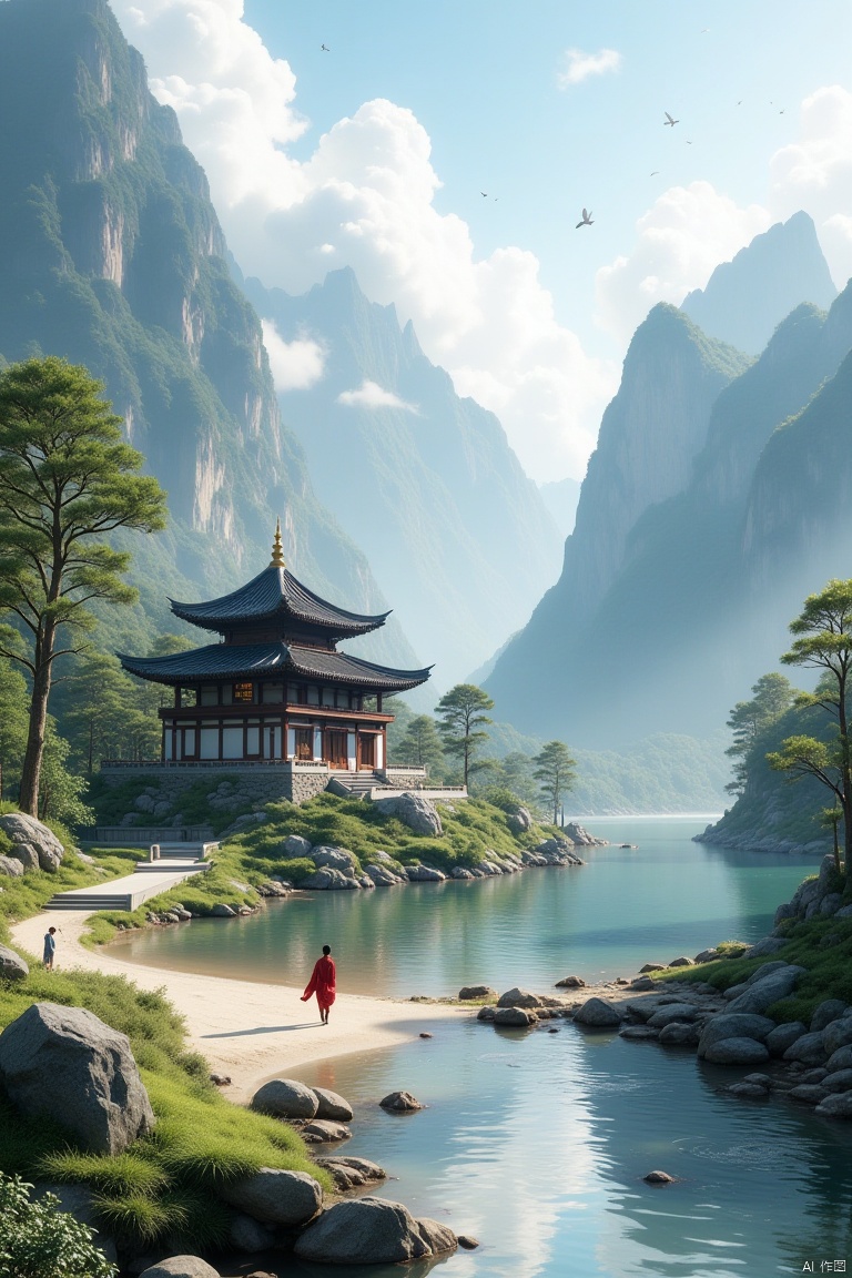 chinese tradition architecture,sino traditional architecture,a tranquil mountain landscape, a solitary traveler, stepping on moss along the way, peacefully walking on the sandy shore, white clouds leisurely drifting at the water's edge. Lush spring grass surrounds the entrance to the monastery, raindrops falling on pine needles, clear spring water flowing down from the mountains. Flowers by the stream quietly blooming, emitting a faint, gentle fragrance. The traveler immersed in Zen, forgetting words, only engaging in a dialogue with nature. The scene is filled with tranquility, poetry, and vitality